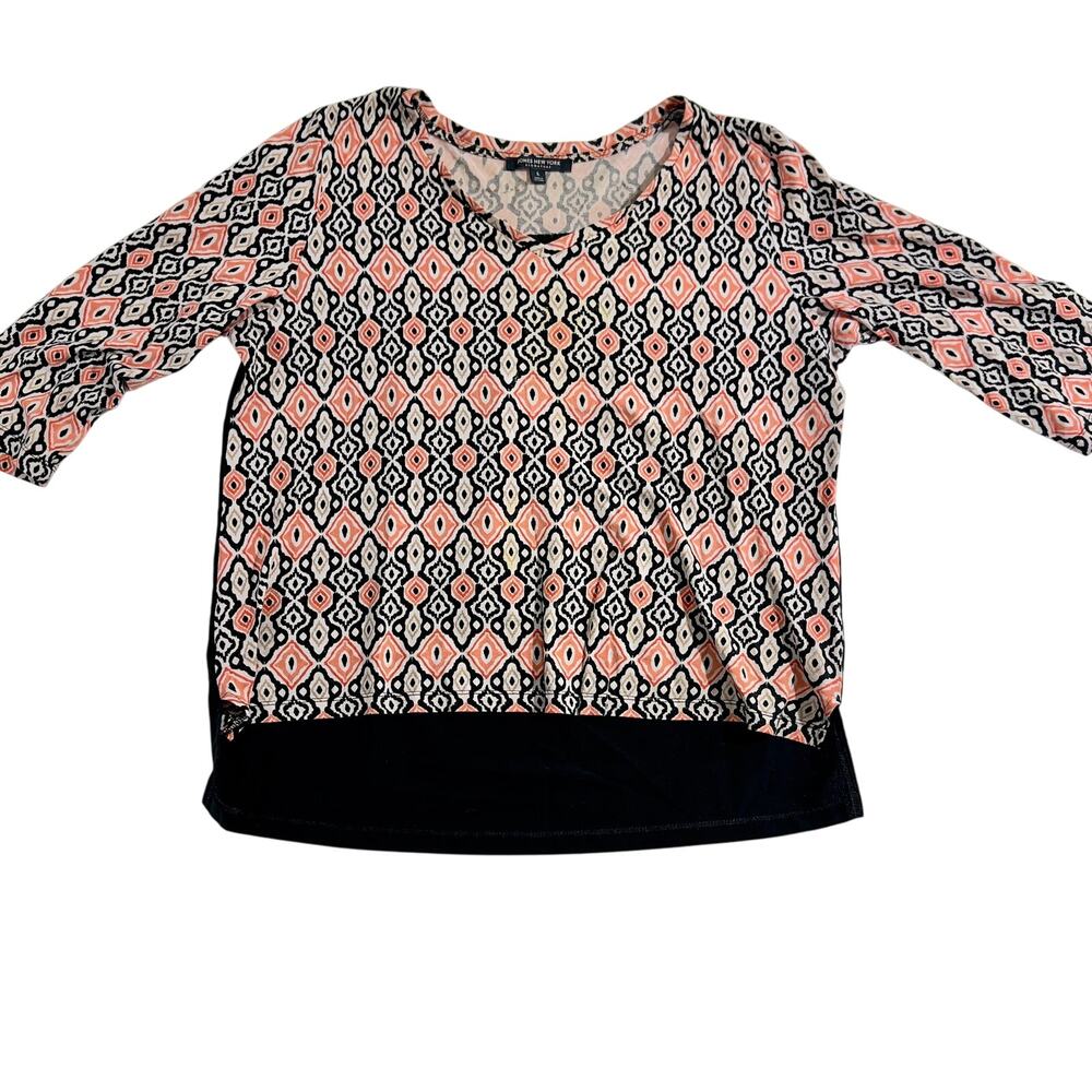 Jones New York Signature Top Woman's L V-Neck 3/4 Sleeve Pink Black Geometric